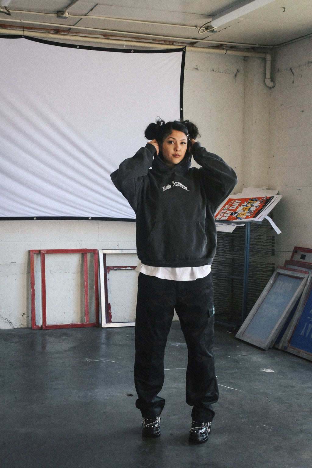 Hella Avenues embroidered vintage black logo hoodie