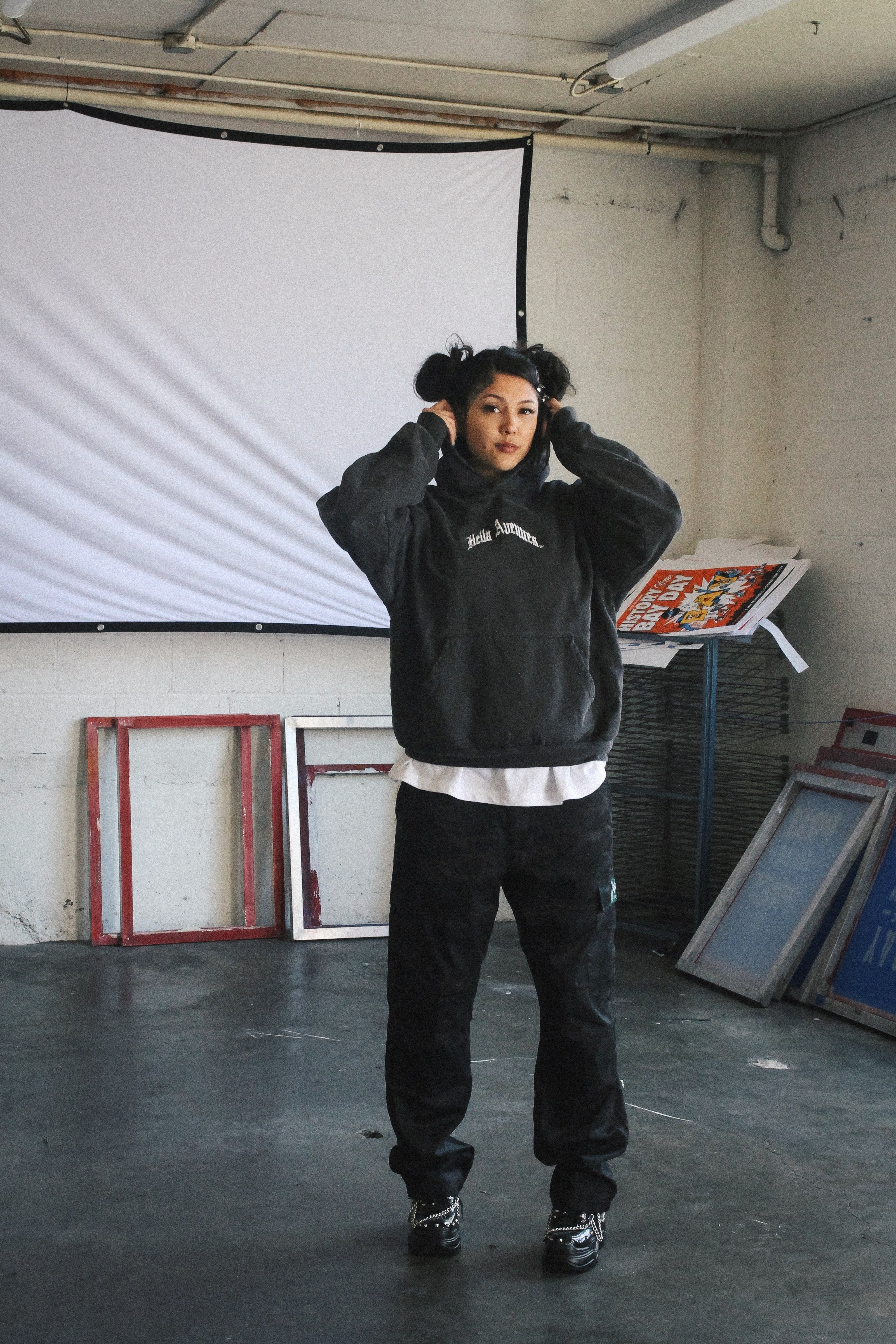 Hella Avenues embroidered vintage black logo hoodie